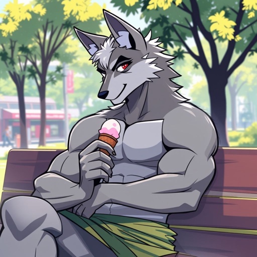 Male wolf with a slim body, shirtless, in a public setting