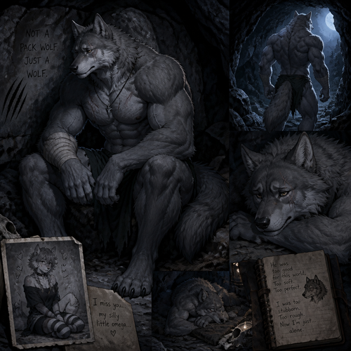 The well-made big and buff alpha male grey wolf tribe who lives in a cave all alone with no pack and misses his ex-mate (a male femboy omega grey wolf beta) sadly.
