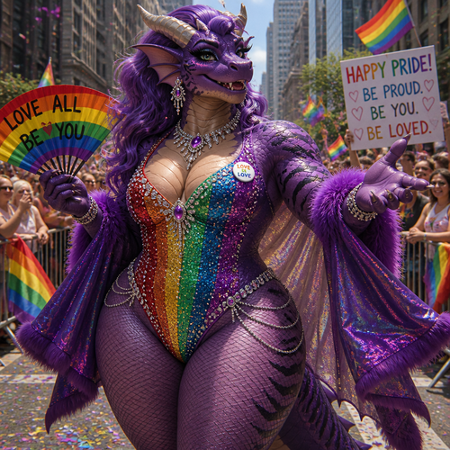 A beautiful adult anthro Dragon male as a drag queen with thick thighs and makeup on today’s pride day in a city parade. So friendly and supportive.