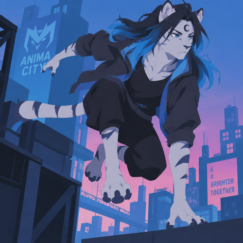male, anthro, white tiger, long black hair with bright blue tips, black crescent on forehead, blue eyes, digitigrade footpaws, BNA Brand New Animal style, slim, jumping