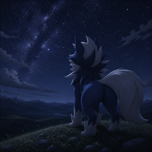 A well-made Pokemon character, a midnight Lycanroc. Has thick thighs and a bushy tail. Alone in a hill at night. Looking at the stars. Back view.