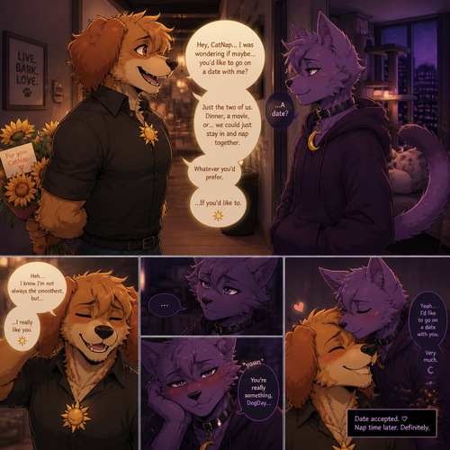 In a anthropomorphic smiling critters universe. DogDay the grownup fluffy doggo has a crush on CatNap (the grown pretty sleepy kitty cat) and asks for on a date. A well-made anime version. Living on an adulthood.
