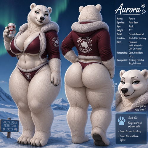A busty well-made adult anthropomorphic polar bear female who lives in South Pole territory with a diet Dr Pepper soda on paw. Has thick thighs and thick fur. Large looks. Front/back view. Calm and confident. Animated verse. Give a flirty look.