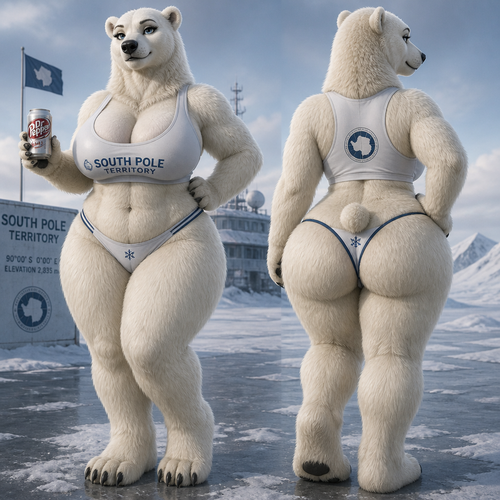 A busty well-made anthropomorphic polar bear female who lives in South Pole territory with a diet Dr Pepper soda on paw. Has thick thighs and thick fur. Large looks. Front/back view. Calm and confident.