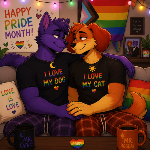 A anthropomorphic smiling critters verse. Both anthro DogDay and Catnap are both boyfriends living together and married. Sits together on a sofa. Today’s pride month. Both grownups. Animated art version. Looking at each other in wholesome. Yaoi.