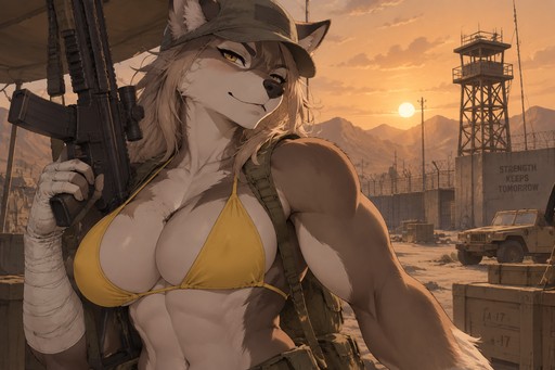 A high-quality 2D anime-style digital illustration depicting an anthropomorphic furry character with an attractive, muscular physique—showcasing powerful biceps, a full bust, and defined abs. She wears a weathered olive-green military cap and a bright yellow bikini top, maintaining a confident expression. Her right arm is heavily wrapped in white bandages extending from the wrist to the mid-forearm, and she holds a black tactical rifle. She strikes a confident, slightly provocative pose set against a desert military base; the silhouette of a distant watchtower and a wire fence stand out against a hazy, orange-hued sky. The composition is a half-body shot focusing on the character's torso and face, captured from a dramatic angle. Directional lighting creates soft shadows that accentuate the contours of her silhouette. The color palette is dominated by muted earthy tones, contrasting sharply with her fur and the vibrant yellow of her swimwear. The atmosphere is rugged yet serene.