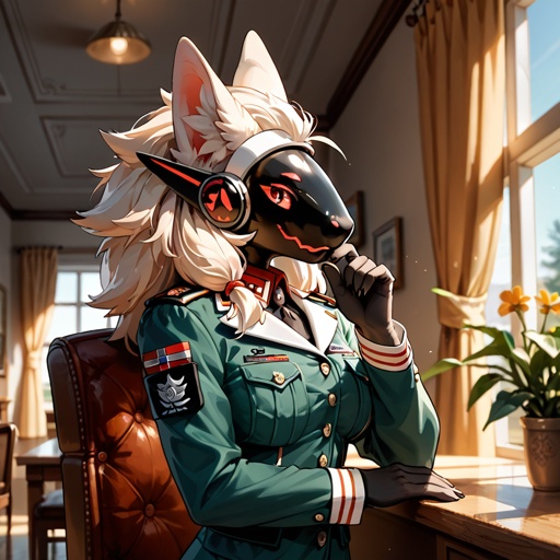 A beautiful female protogen with dark green skin, military uniform, military posture, inside a military base, well done, perfect photo, very beautiful.