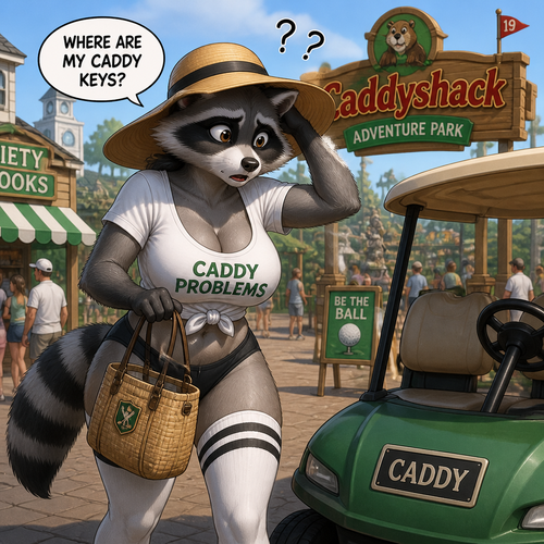 A well-made adult female raccoon character with a shirt on that has thigh highs and boobs who’s looking for something like a car keys for a caddy also wears a sun hat. Animated version. At the themed park.