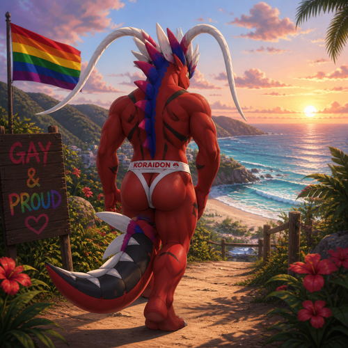 A well-made friendly homosexual male Pokemon, Koraidon. Wears eyeliner. Wears jockstraps. Walking towards the beach. Gay and proud. Likes looking at a view. Back view.