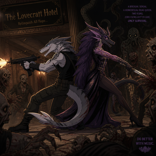 In the animated version of this universe, two adult male characters fight for their lives together against the undead inside the Lovecraft hotel. A bisexual Sergal and the homosexual drag queen the Dragon. Do better with music. Side view.