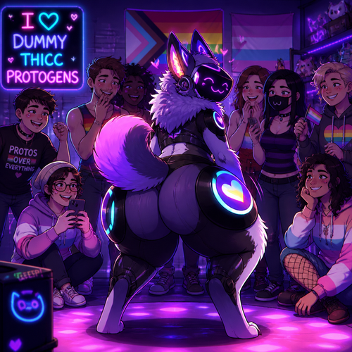Sight says; I 💙 dummy thicc Protogens. Well-made animated version. Rear view. So friendly and flirty. LGBTQ. Twerking and talented. Fluffy. Peace out. Surrounded by humans.