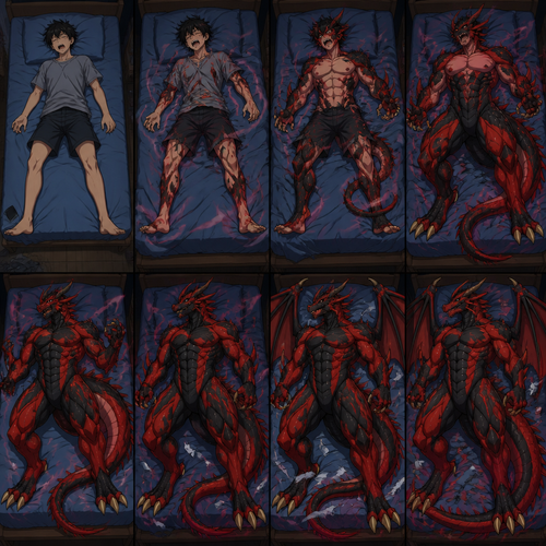 A teenage human male transforming into a male red and black dragonoid with bulging muscles in their sleep. Anime art style, full body.