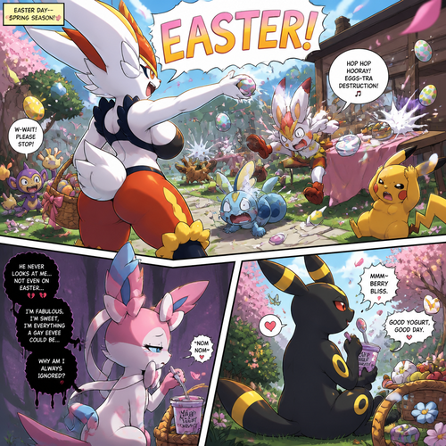 A busty well-made fluffy female Pokemon character, Cinderace. Who celebrates on today’s Easter Day and shouts, EASTER! And wrecking up a place like a crazy party gal while she knocked other terrified Pokemon by throwing eggs at them but A cute but creepy but a gay male Sylveon just as sad and irritating about being ignored by a male Umbreon while eating a healthy yogurt distracted and appreciated. All well-made characters. A dramatic and a funny comedy show. A comic views. Spring season. Side/back view.