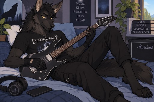 male, maned wolf, black fur, Gold eyes, digitigrade footpaws, black Evanescence shirt, black pants, fingerless black gloves, chest fluff sticking out of neck of shirt, laying back, playing guitar