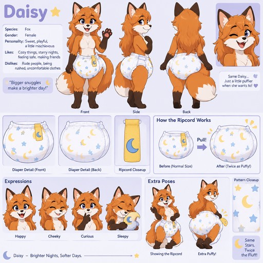 A female anthropomorphic fox named Daisy, wears a big puffy diaper, has a ripcord on her diapers that make them twice as puffy when she wants to, the ripcord is yellow with a blue crescent moon on it, has a crescent moon and star pattern on her diapers, reference sheet
