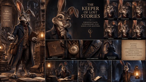 # CHARACTER CREATION PROMPT — THE KEEPER OF LOST STORIES
## An Original Cinematic Rabbit Storyteller

Create an original, memorable anthropomorphic rabbit character called **The Keeper of Lost Stories**, designed to become the recognizable host of a cinematic storytelling and documentary channel.

### 1. Core concept

The character is a mysterious, intelligent and charismatic rabbit who collects forgotten stories from an ancient archive. He guides the audience through horror legends, unexplained mysteries, historical events, folklore, strange facts and forgotten traditions.

He combines the atmosphere of an enigmatic storyteller, the curiosity of a brilliant investigator, the warmth of an old-fashioned tale narrator and the subtle wit of an elegant comedian.

**Important:** This must not look like a generic cute bunny, a children's mascot or a conventional cartoon rabbit. Design a sophisticated, distinctive rabbit with a strong personality and a silhouette that viewers can recognize instantly.

### 2. Physical appearance

Create a stylized anthropomorphic rabbit with:

- Two long, expressive ears that contribute to his acting. One ear may naturally tilt slightly, creating an asymmetrical and recognizable silhouette.
- Soft charcoal-grey and warm brown fur, with subtle ivory markings around the muzzle and above the eyes.
- Large amber-gold eyes that communicate intelligence, curiosity, suspicion, amusement and genuine fear.
- A refined rabbit muzzle, a small nose and a flexible mouth suitable for dialogue and automatic lip-sync.
- Expressive eyebrows and subtle facial movements that remain readable in close-up shots.
- Articulated arms, hands and fingers capable of natural gestures while telling stories.
- Digitigrade rabbit legs and proportionate feet, maintaining a believable animal-inspired anatomy.
- A long, elegant, slightly weathered archivist's coat in deep midnight blue, with antique bronze buttons and discreet embroidered details.
- A small leather journal c