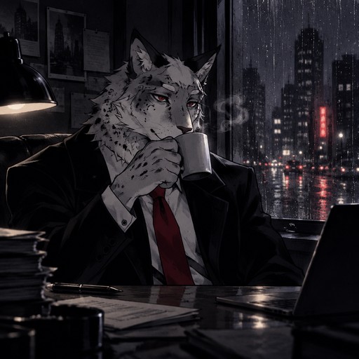 Anthropomorphic spotted cat wearing a suit, working at a desk in a rainy city office