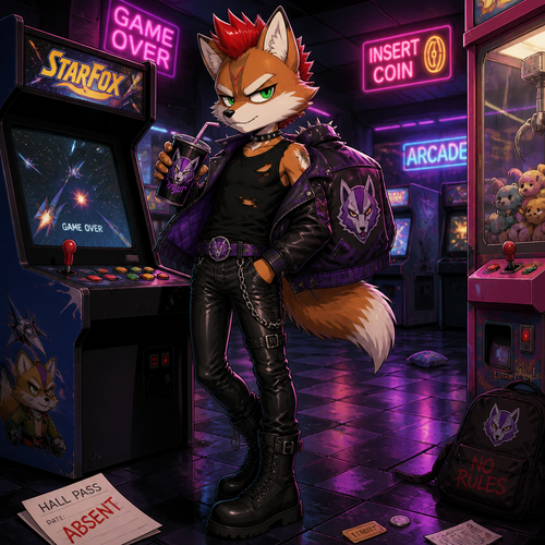 A middle school aged delinquent Fox McCloud wearing tight leather pants, a black ripped sleeveless shirt, a purple Wolf O’Donnell themed leather jacket, black combat boots, and a red spiked mohawk. He is skipping school playing games at an arcade. Anime art style, full body.