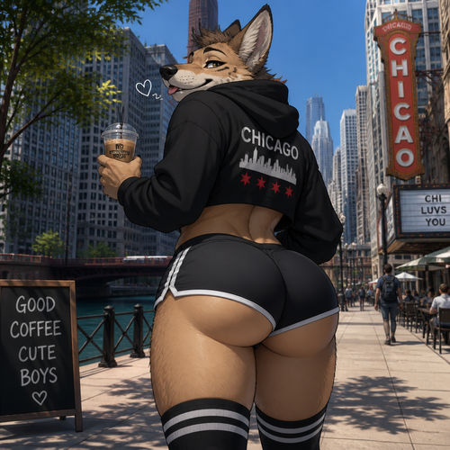 A well-made femboy grown Coyote male who lives in Chicago and having a good day. Well-made animated version. In modern life. Has thick buttocks and no tail. Backshot view. Flirty and harmless.