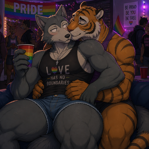 Legoshi the grown Wolf is celebrating at today’s pride month at the college party. Has thick thighs and big butt. Wears shorts and a necklace. Being cuddled by Bill the tiger. Getting some kisses in a cheek.