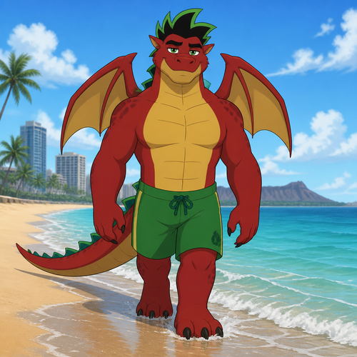 Jake Long in dragon form wearing green swim trunks. Walking down a beach towards the camera with the sea getting close to his feet.