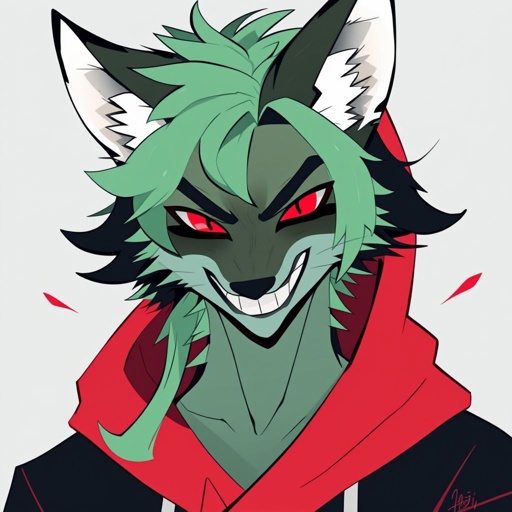 anthropomorphic fox, green and black colors, red eyes, portrait, evil grin, red hoodie --niji 6