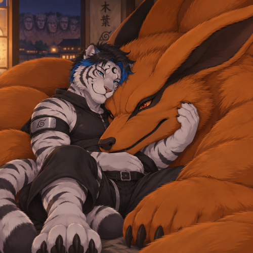 male, anthro, white tiger, short black hair with bright blue tips, black crescent on forehead, blue eyes, digitigrade footpaws, cuddling Kurama, Naruto