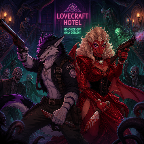 In the animated version of this universe, two adult male characters fight for their lives together against the undead inside the Lovecraft hotel. A bisexual Sergal and the drag queen the Dragon. Do better with music. Front view.
