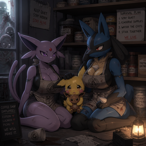 Both anthro busty female Espeon and a busty female Lucario that both wears a apron and used to overworked inside of a coffee shop but now a survivors that must survive despite the fresh start of a outbreak of zombies, sitting next to try calming and protect a scared little Pichu that carrying a stuff animal on a floor, acting all hopeless and tired. Anime/Animated version. Safe enough in a pantry. Staying calm and focused on staying alive.