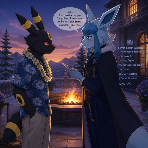 In this anthro Pokemon universe, Rick the grown Umbreon (non-rich) just came from Hawaii where he lives, the Barron Glaceon (who lives in a mansion all cold and alone) is happily got a chance to see and tells Rick about his feelings, and wanted to be more than just friends at the brazier where the snow is gone. Well-made version and characters. Side view. The Glaceon Barron’s gay feelings. Modern life. The Barron Glaceon truly in love with Rick. Anime version.