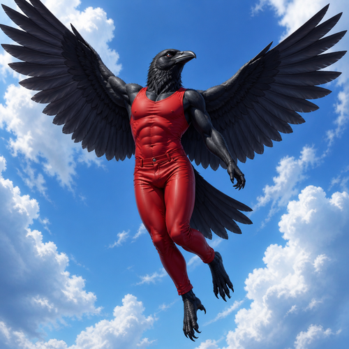 Anthropomorphic Raven wearing tight red pants and red sleeveless shirt. Wings spread out wide behind him as he is flying up in the sky. Solo full body