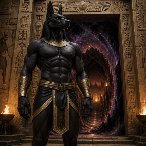 Anubis wearing Egyptian style shorts with a bulge, no shirt and golden bracers on both arms. Standing in front of a portal leading to the underworld.