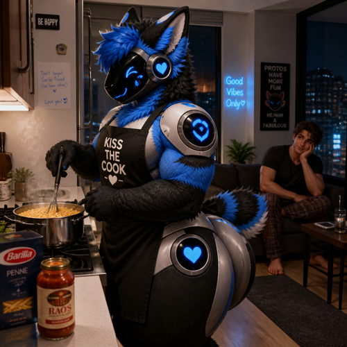A well-made homosexual fluffy gay Protogen male character who lives in a modern apartment with his human and waiting while cooking some pasta dinner. Has thick thighs, wide hips, big butt, and has short tail also wears an apron.