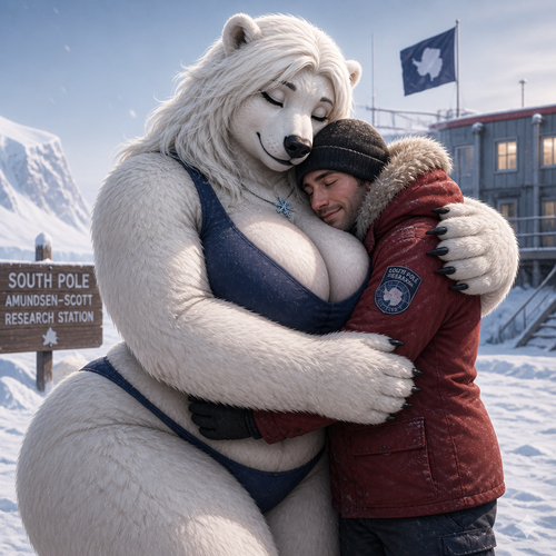A busty well-made lovely anthro female polar bear that has thick thighs and thick fur who lives in a South Pole. Picks up and Giving a man a gentle bear hug for warmth.