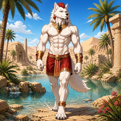 A male white dire wolf wearing Egyptian inspired red shorts, shirtless showing off 16 pack of abs, gold bracelets with ruby gemstones inlaid in them, gold choker with a Anubis design on it, ruby earrings that look like skulls, and short red mohawk. He is walking through a Oasis located in the desert. Anime art style, solo, full body.