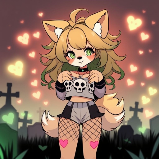 tan and green puppy girl with one pointy ear and one floppy ear super fluffy with a chubby curvaceous body, crop with with two skulls, shorts, and fishnets. heart shaped central paw pads on her hand paws. cutr wolfystyle hair. fluffy tail. graveyard background with floating glowy spirits. heart shaped nose. black and silver choker style necklace. heart shaped marks on thighs and tummy.