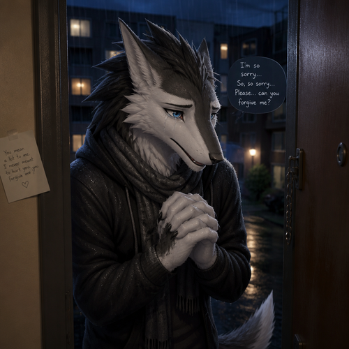A well-made Sergal male character who’s at the outside door of the apartment building who came with a tearful face and came to say that he was sorry again saying so sorry to beg forgiveness to a dear friend.