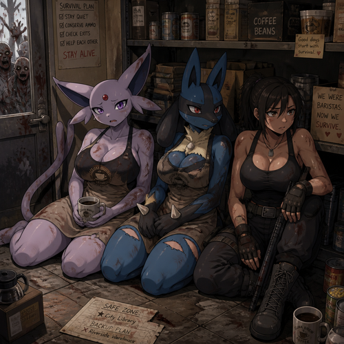 A scared grown busty female Espeon and a busty female Lucario that both wears a apron and used to overworked inside of a coffee shop but now a survivors despite the fresh start of a outbreak of zombies, sitting next to a human female as a zombie slayer on a floor, acting all hopeless and tired. Anime/Animated version. Safe enough in a pantry. Staying calm and focused on staying alive.