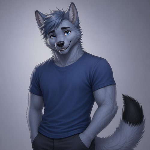 A 25-year-old male anthro canine character, average-looking, soft grey-blue fur all over his body, a long fluffy tail with a distinct black tip. He has a gentle and slightly introverted expression, with a warm, genuine smile that shows he is open to chatting. Wearing a simple, comfortable t-shirt, soft studio lighting, clean background, detailed fur texture, digital painting style, vibrant colors. --ar 3:4