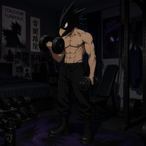 Tokoyami Fumikage wearing black sweatpants, black combat boots and shirtless. Lifting weights in his room.