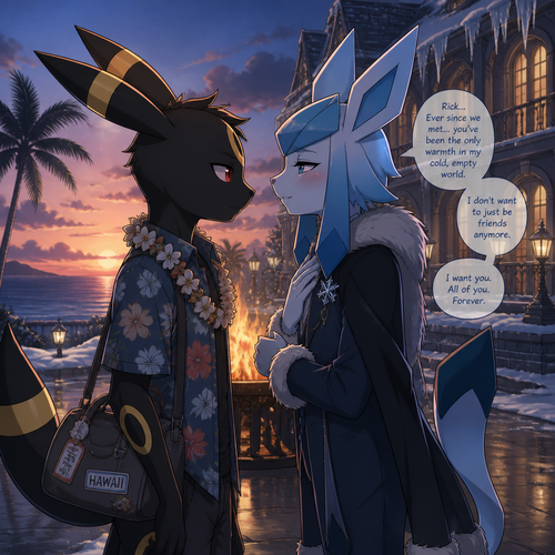 In this anthro Pokemon universe, Rick the grown Umbreon (non-rich) just came from Hawaii where he lives, the Barron Glaceon (who lives in a mansion all cold and alone) is happily got a chance to see and tells Rick about his feelings, and wanted to be more than just friends at the brazier where the snow is gone. Well-made version and characters. Side view. The Glaceon Barron’s gay feelings. Modern life. The Barron Glaceon truly in love with Rick. Anime version.
