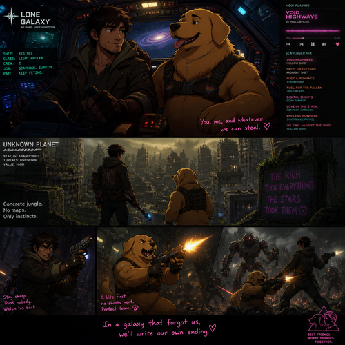 In a lone galaxy, a well-made animated version. In a spaceship, a human pilot/scavenger, and his best friend a thick homosexual anthro gay golden retriever with floppy ears. Both finding themselves on a scavenging hunt and knows how to defend themselves from any threats even some robots. In an abandoned planet unknown in a concrete jungle. And do better with music.