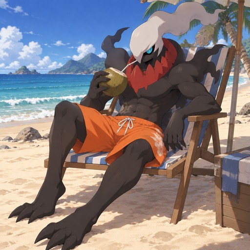 Male Darkrai wearing loose bright orange swim trunks sitting on a beach chair along a beach drinking from a coconut. Anime art style, solo, full body.