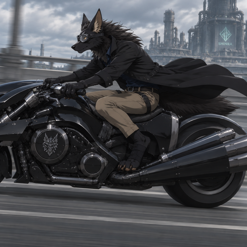 male, black fur, maned wolf, golden eyes, digitigrade footpaws, toned body,dark blue shirt, khaki pants, black pawsocks that expose the toes on the footpaws, wearing a black trenchcoat, anime style, riding Final Fantasy Advent Children Cloud Strife Motorcycle, side view, wide screen, wearing goggles on his eyes