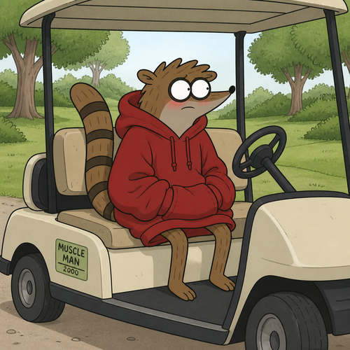 Rigby from Regular Show wearing an oversized red hoodie with a blush on his face. Sitting in a golf cart looking to the right. Solo full body.