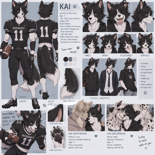A high school aged male anthropomorphic border collie. He loves playing football. Has a boyfriend and a girlfriend. Anime art style, reference sheet.