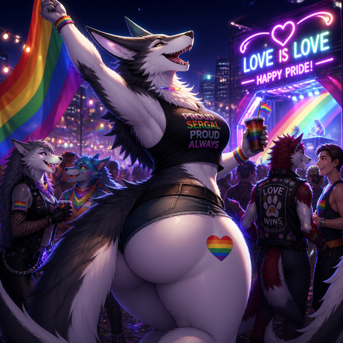 In animated universe, a well-made Sergal character with thick thighs and big buttocks also fluffy who’s happily celebrating on pride month at the party at night. Other Sergals, other anthros, and good humans too.