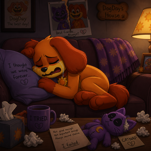 In a smiling critters universe, anthropomorphic and animated versions. DogDay laying on a couch in his house, crying in his eyes closed, heartbroken by broken up with his ex friend (Catnap) and failed as a friend/boyfriend.
