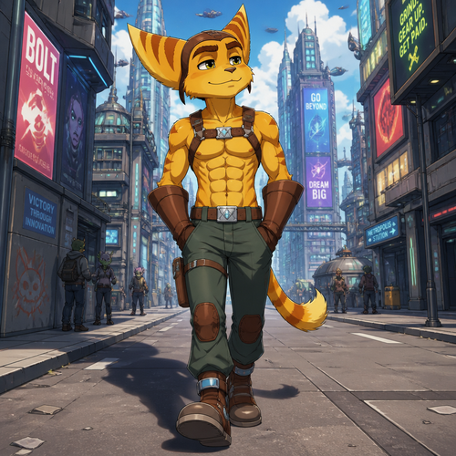 A high school aged Ratchet from Ratchet and Clank wearing his normal clothes but instead of a shirt it is instead a leather harness with a 16 pack of abs showing. He is walking confidently down a street in a big city without a care in the world. Anime art style, full body.