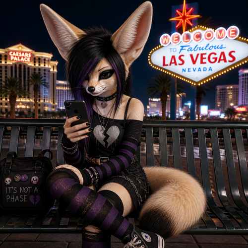 A well-made transgender Fennec Fox EMO looking at a IPHONE while sitting on a bench in Las Vegas.